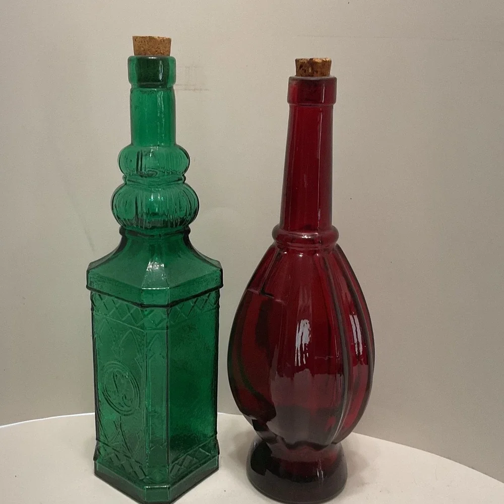 Vintage Glass Decanter Set Ruby Red Melon Emerald Green Embossed Bottles Corks